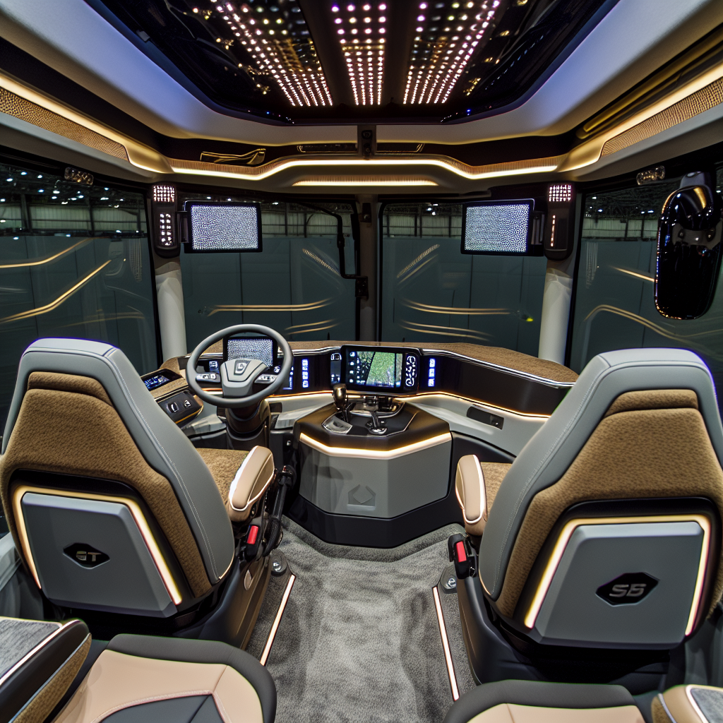 Interior view of the autonomous LT Series tractor showcasing driver comfort and technology.