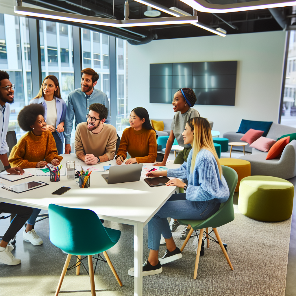 Diverse groups of happy employees collaborating in a workplace