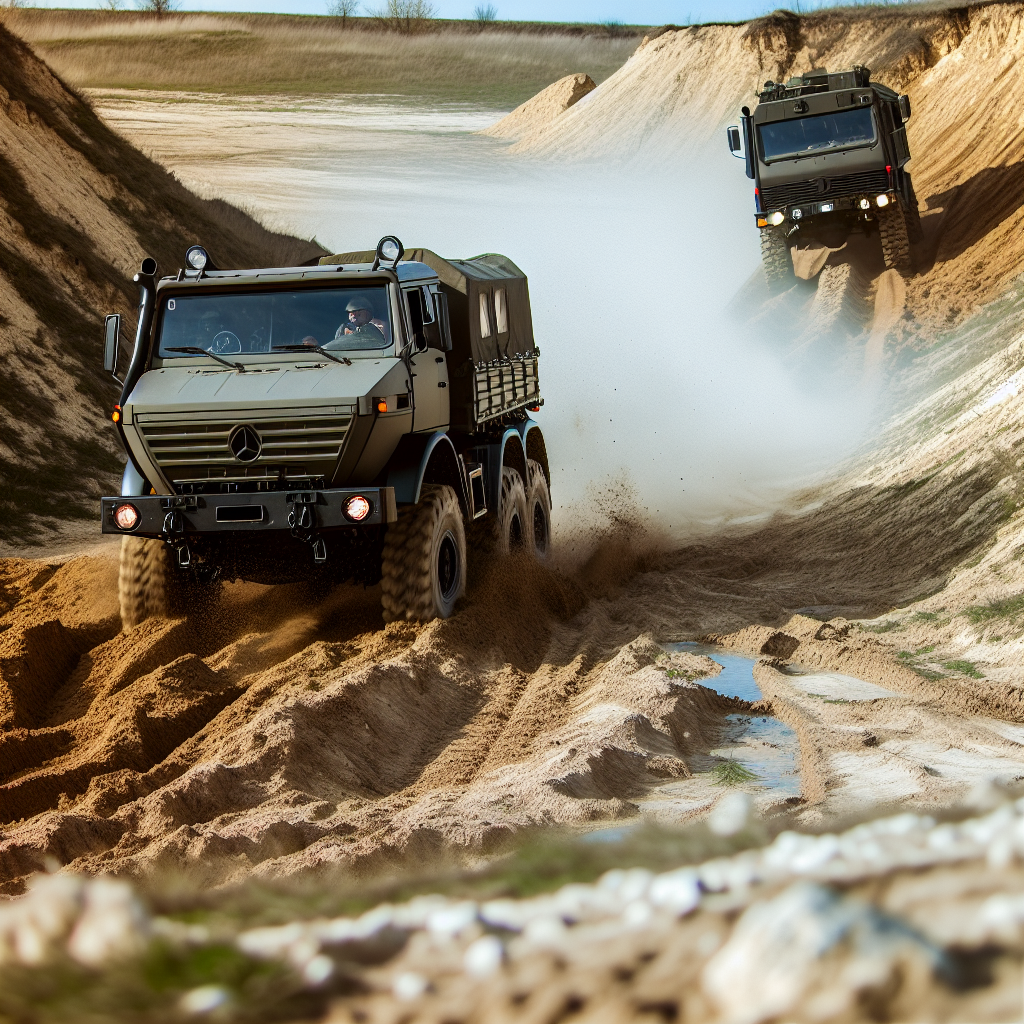 Military trucks navigating off-road terrain
