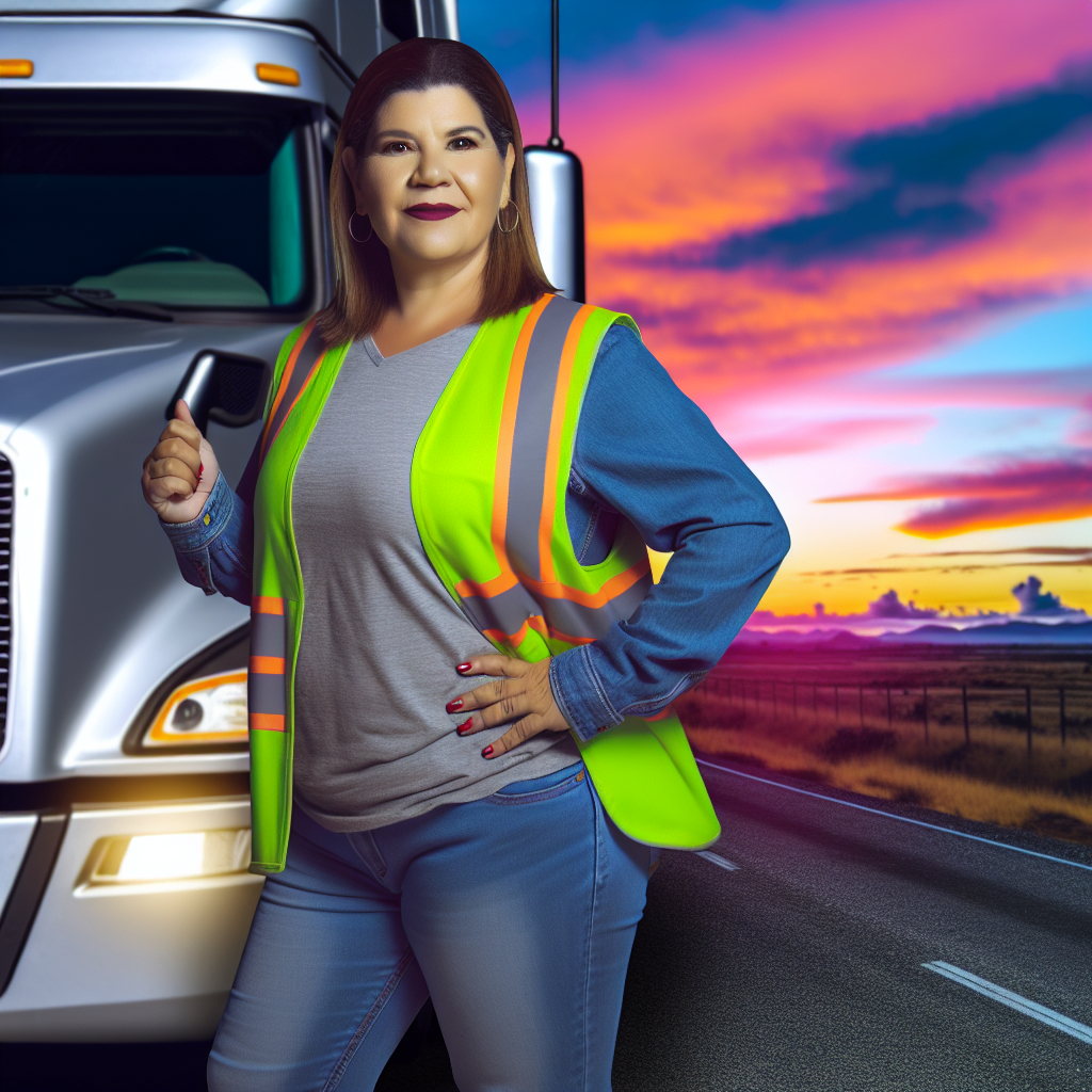 A powerful woman truck driver standing confidently beside her truck, symbolizing empowerment and transformation in the trucking industry