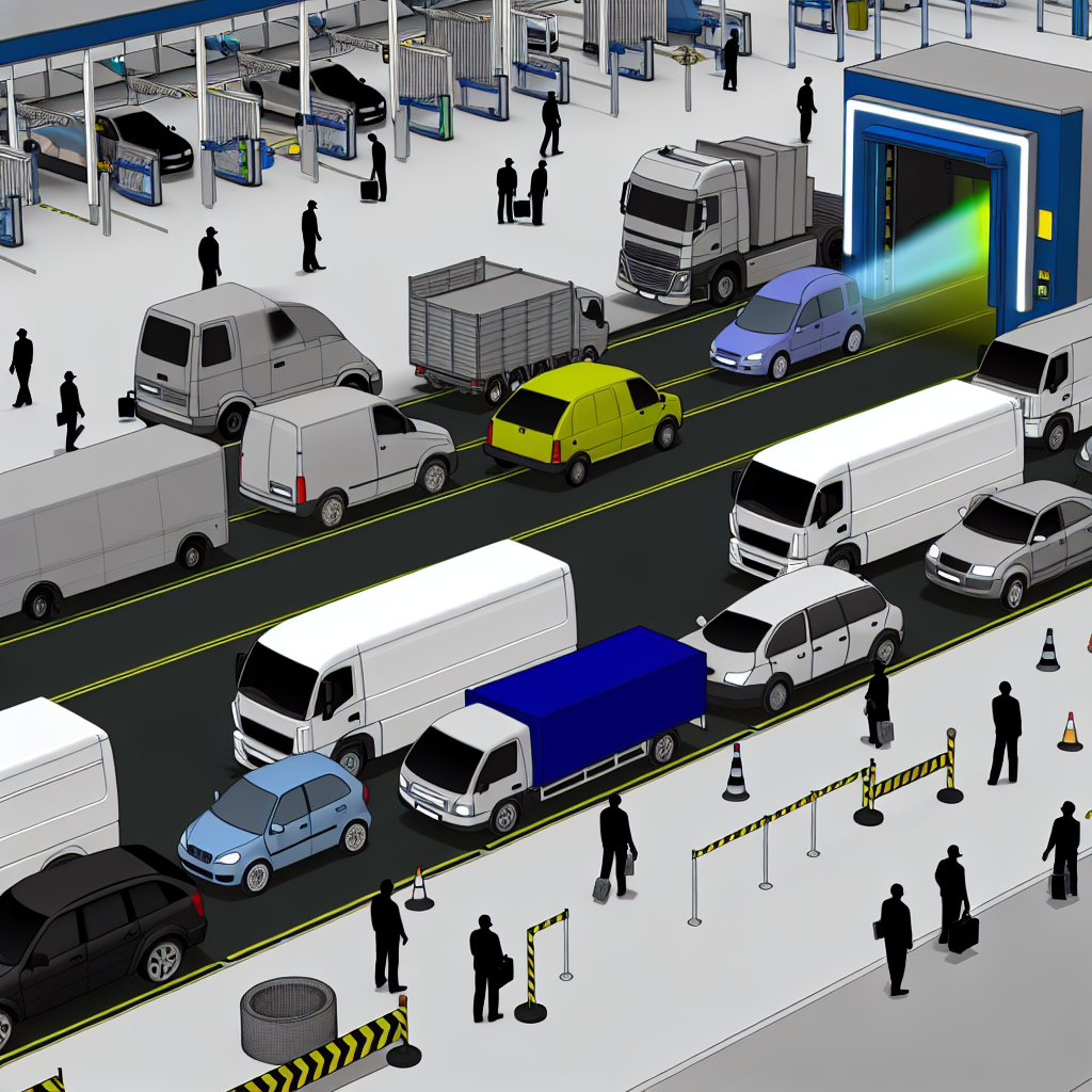 An illustration depicting the process of X-ray inspection technology for commercial vehicles, including vehicles being scanned, drivers exiting their vehicles, and X-ray machines in operation.
