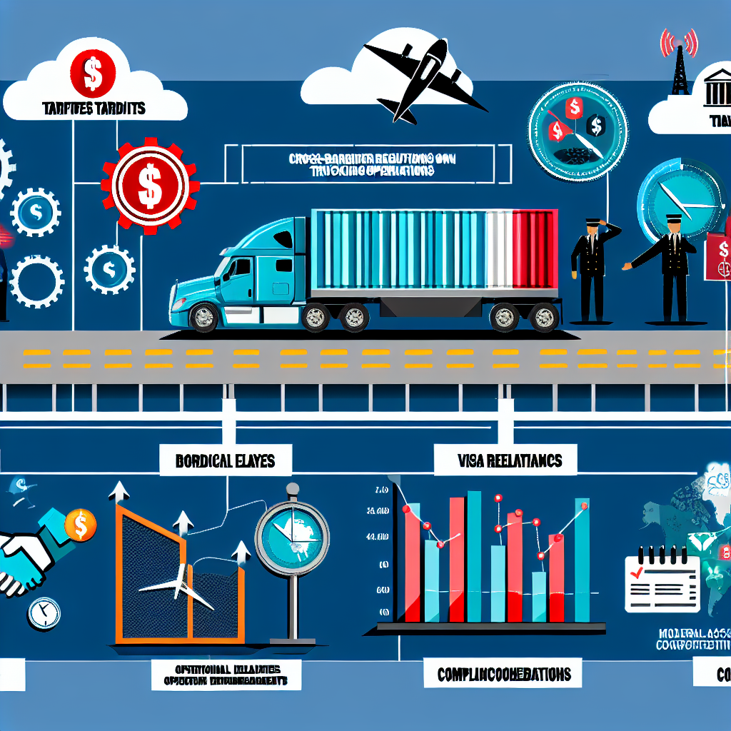 A visual summary illustrating the impacts of various regulations on cross-border trucking operations, including elements like tariffs, border security measures, visa regulations, technological enhancements, and regulatory cooperation.