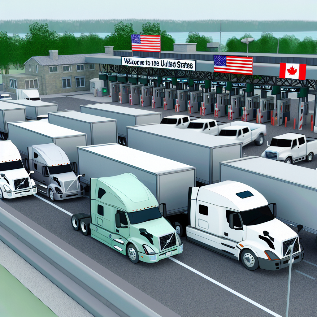 An illustration of cross-border trucking, showing trucks at a border crossing with flags representing Canada and the USA.