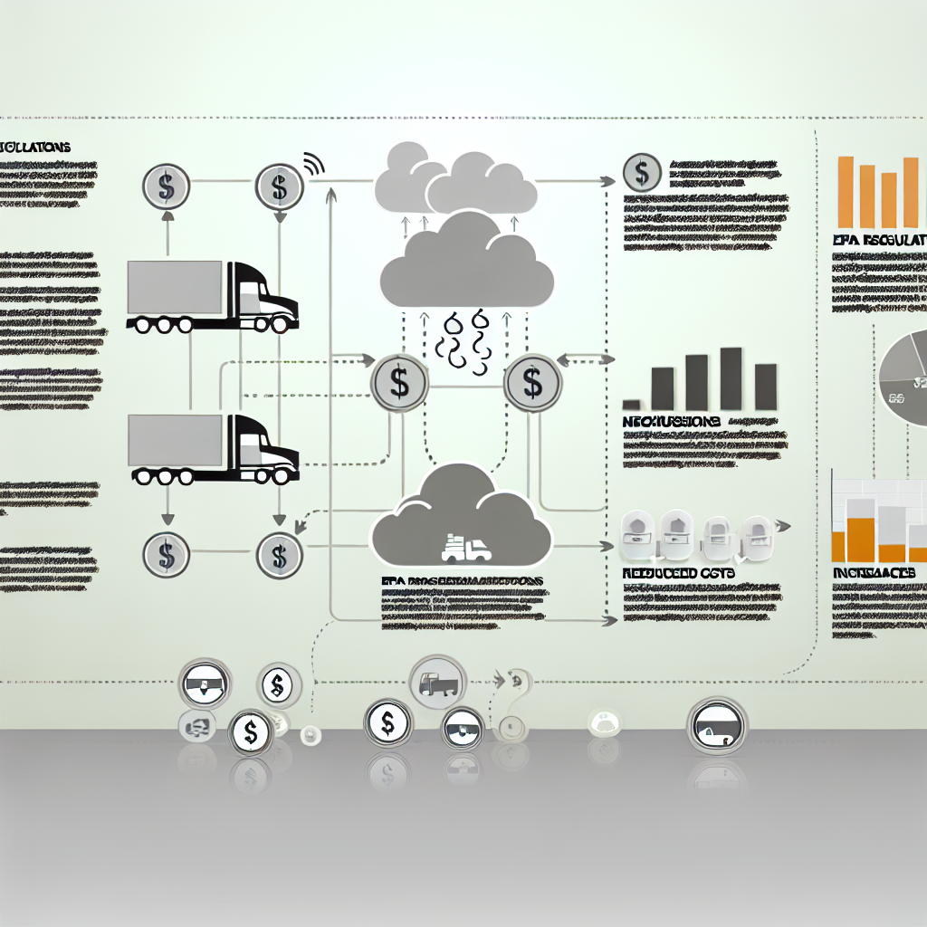 A simple visual representation highlighting the impacts of EPA regulations on truck emissions and costs, using icons for trucks and regulations.