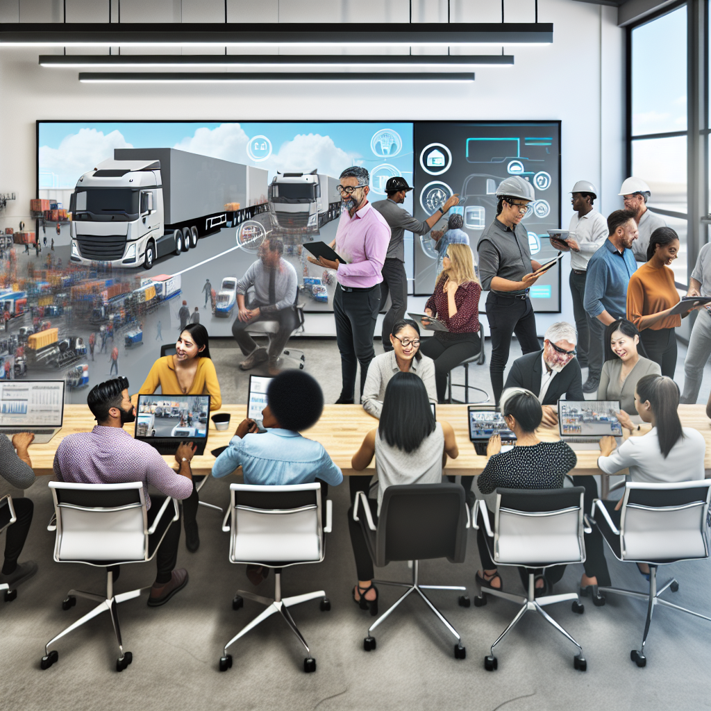 A visual representation of 'people-first strategies' in the fleet industry showcasing teamwork while balancing technology and workforce engagement.