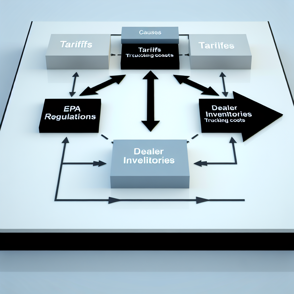A diagram showing the relationship between tariffs, EPA regulations, trucking costs, and dealer inventories, with arrows indicating the connections.