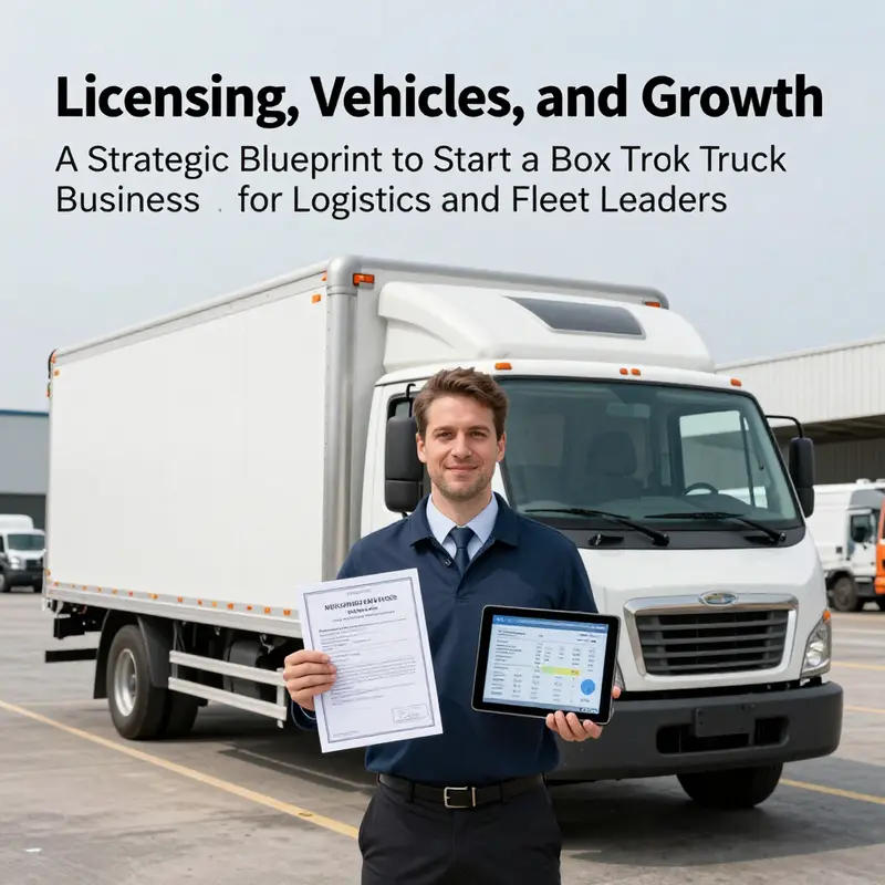 A fleet manager stands beside a modern box truck at a bustling logistics hub, reviewing documents and digital dashboards.