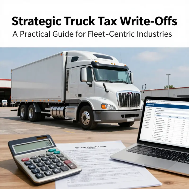 A heavy-duty truck in a yard with tax documents and a calculator to symbolize truck expense write-offs.