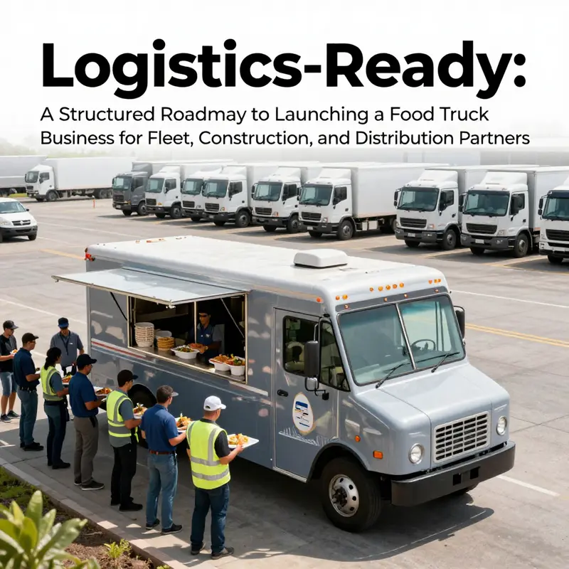 Cover image of a food truck servicing a logistics campus with multiple trucks and workers.