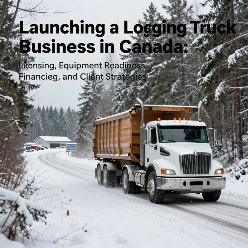 Logging truck on a forest road in Canada, with a fleet yard in the background.