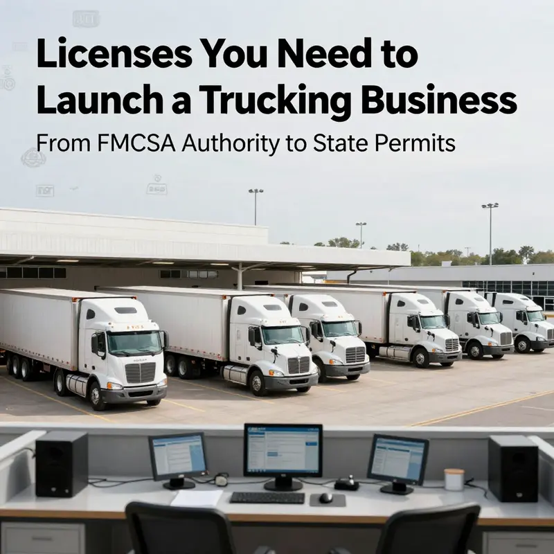 A wide, bustling trucking terminal scene symbolizing licensing and regulatory compliance for new trucking businesses.
