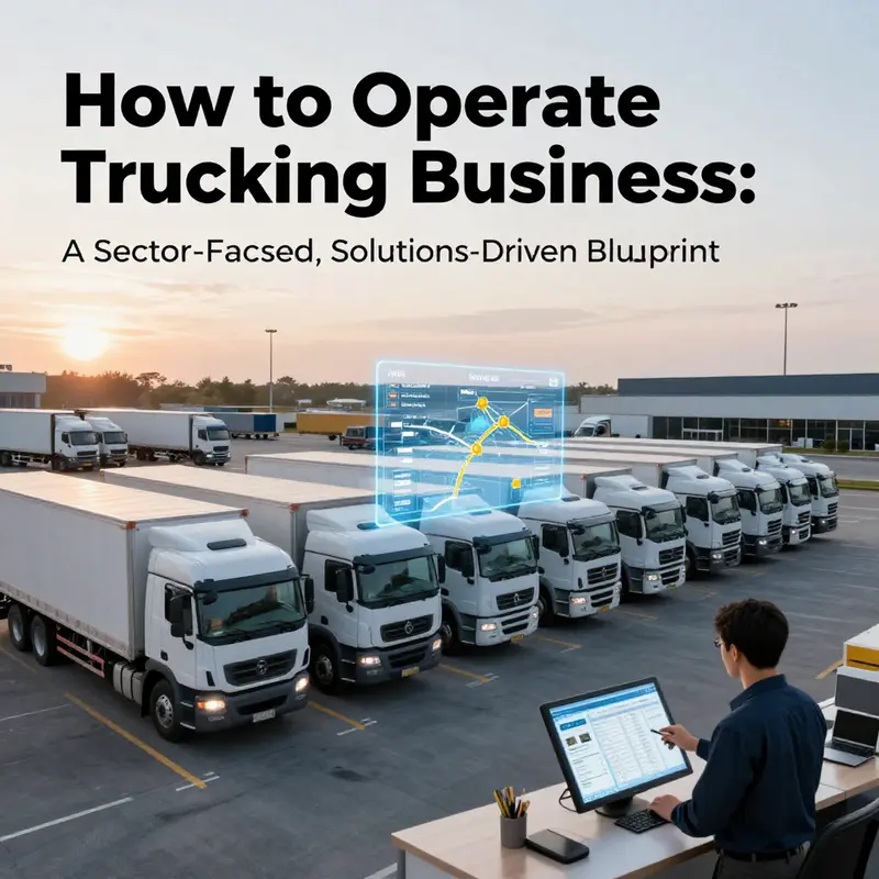 A modern trucking yard with multiple box trucks and a planning board showing routes and analytics.
