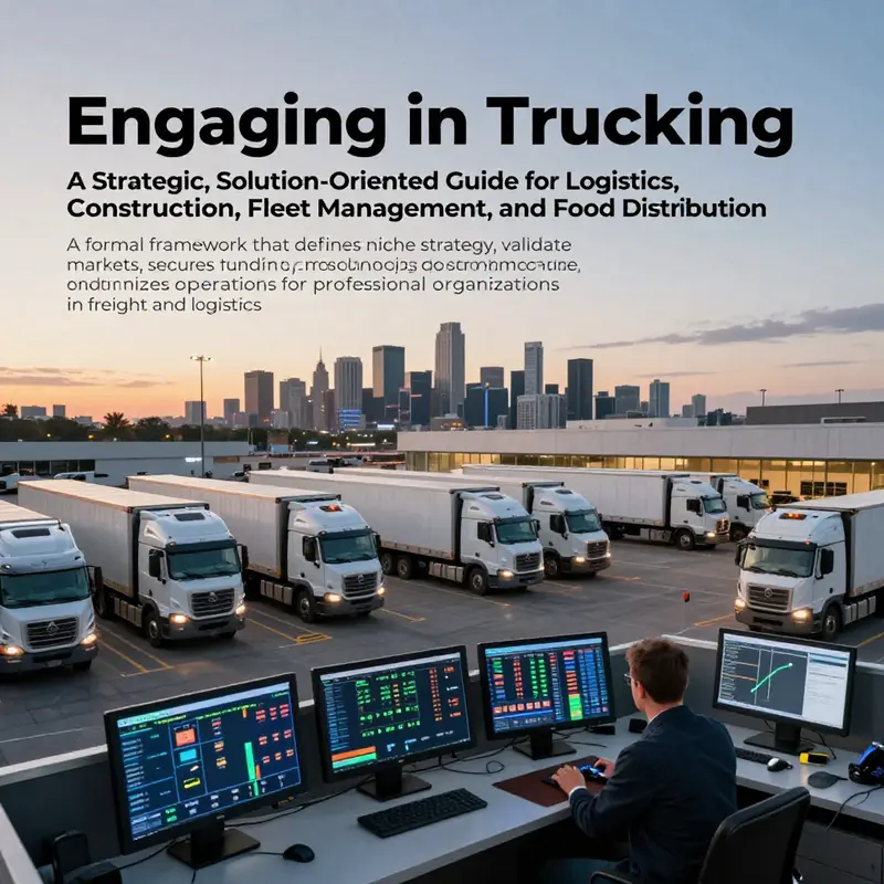 Photorealistic cover image of a trucking hub with fleets, digital planning, and a strategic operations center.