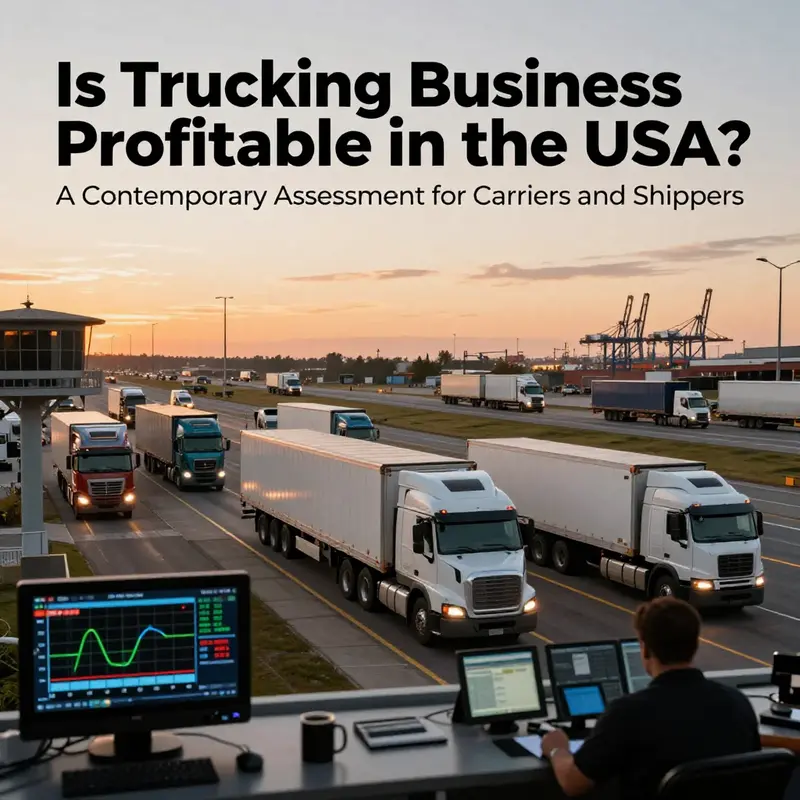 Mixed fleet of trucks on a highway at sunset with a logistics control center displaying rate and capacity graphs, representing industry profitability dynamics.