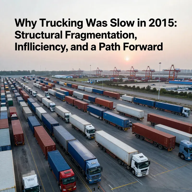 Aerial view of a Chinese freight hub with trucks and cranes, symbolizing the slow trucking market in 2015 and the push for modernization.