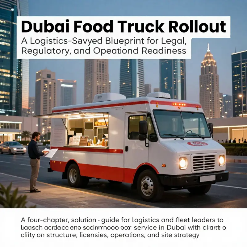 A modern food truck on a Dubai street with regulatory planning and skyline.