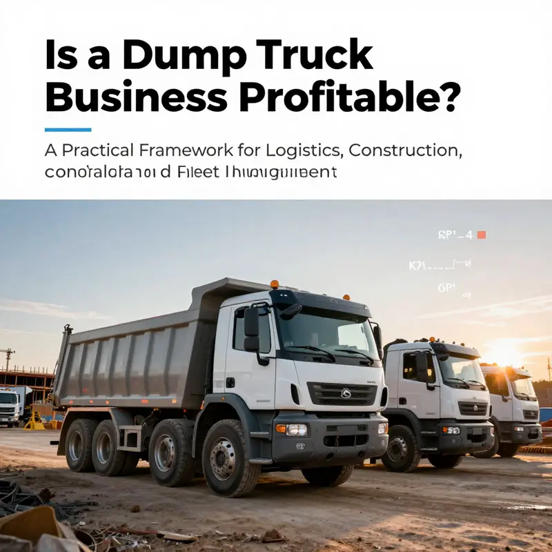 Modern dump truck fleet on a construction site with profitability KPI overlays.