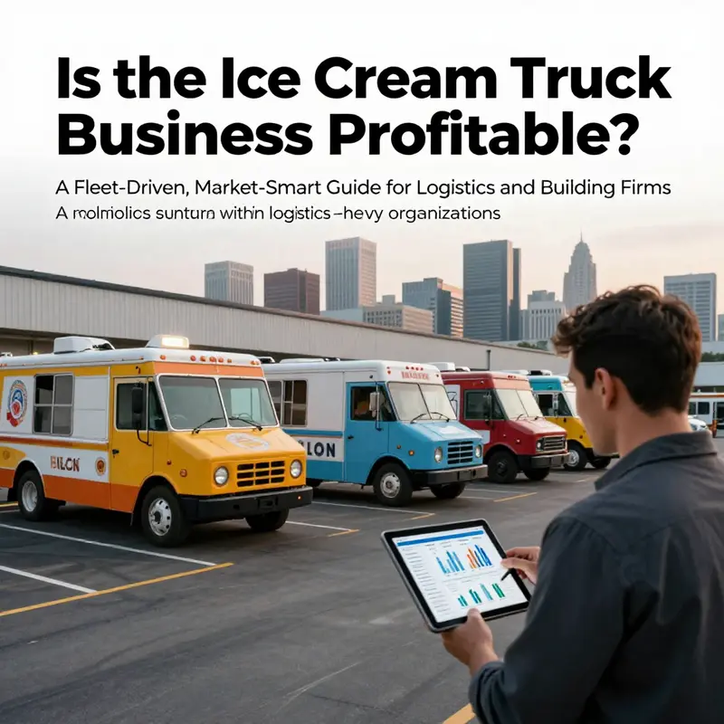 A fleet yard with multiple ice cream trucks and a manager reviewing profitability dashboards on a tablet, symbolizing mobile retail within logistics.