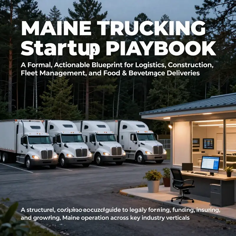 A modern Maine trucking yard with a branded fleet and operations center, conveying professionalism and growth.