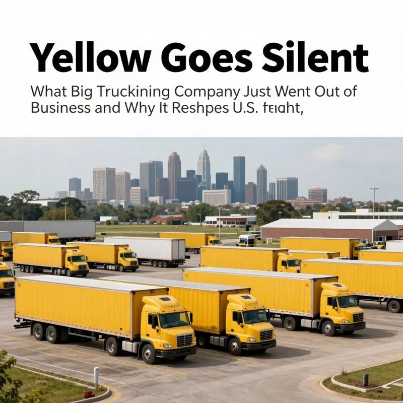 A vast yard of idle yellow trucks under a gray sky, symbolizing a major carrier failure
