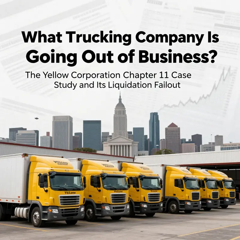 Cover image depicting a line of Yellow-branded trucks near terminals with a courthouse silhouette and financial documents in the background, symbolizing bankruptcy and liquidation.