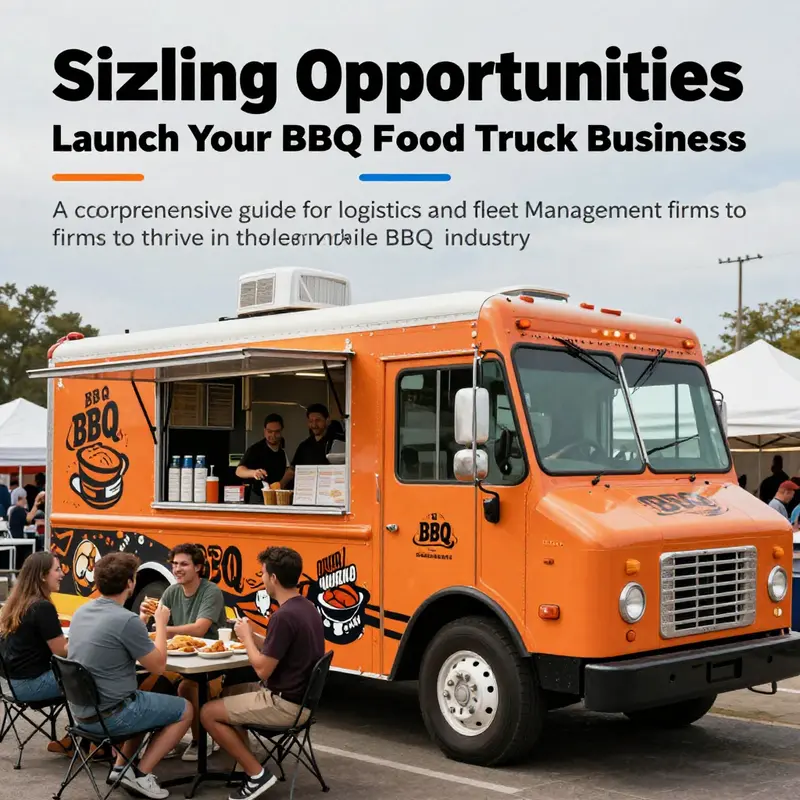 A lively BBQ food truck with happy customers enjoying food at a bustling event.