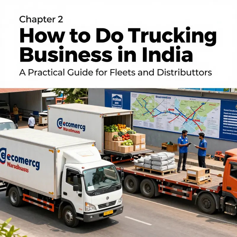 A logistics manager reviews permits and digital registration at a depot, demonstrating regulatory compliance for commercial trucks in India.