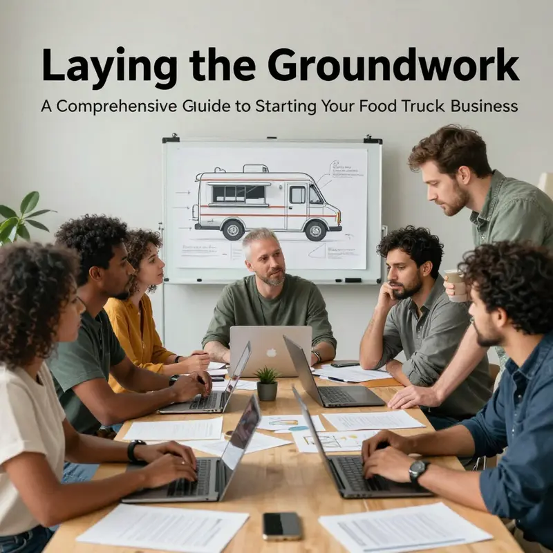 Entrepreneurs conceptualizing their food truck business plan with strategic documents and visuals.