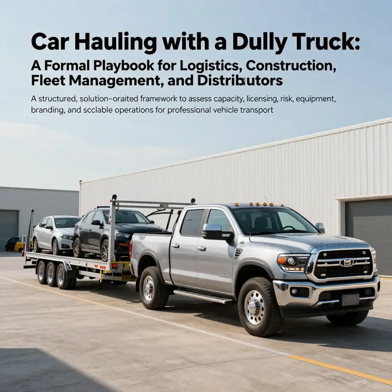 Dually truck with car hauler trailer in a professional logistics yard.
