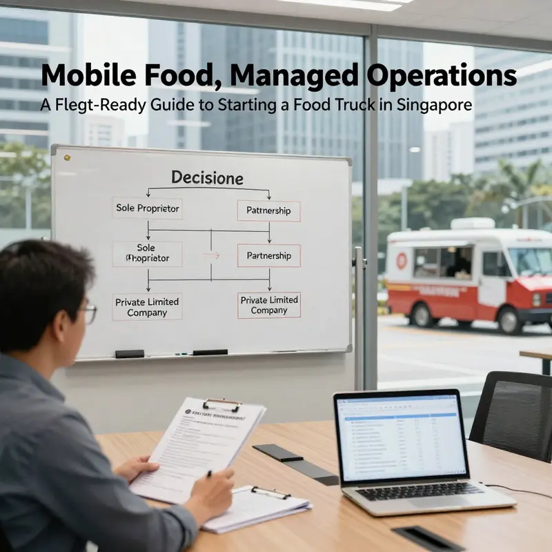 Illustration of regulatory licensing steps for starting a Singapore food truck, including SFA inspection and MFV considerations.