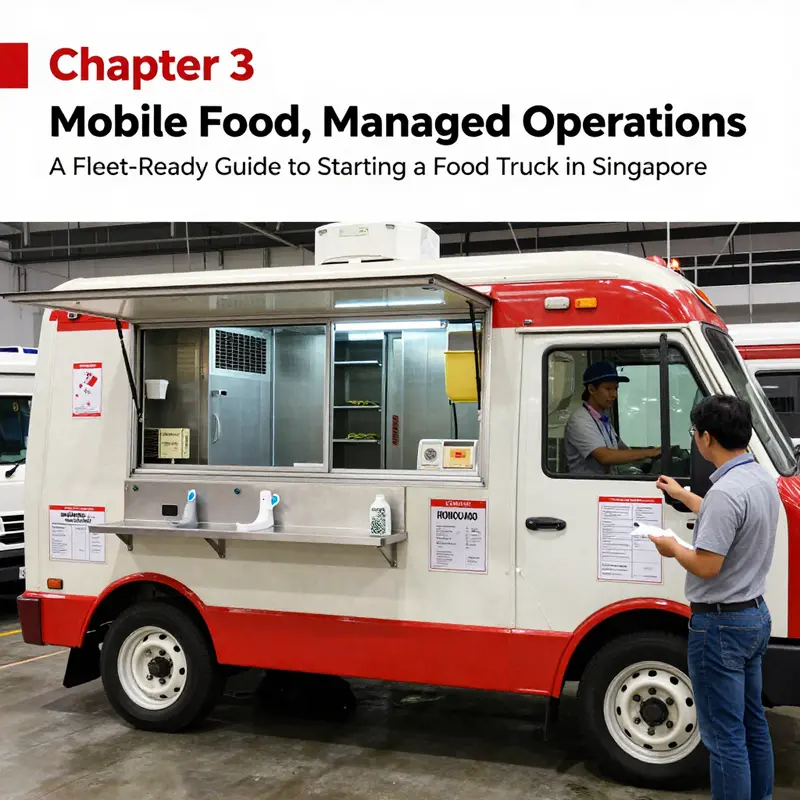 Illustration of regulatory licensing steps for starting a Singapore food truck, including SFA inspection and MFV considerations.