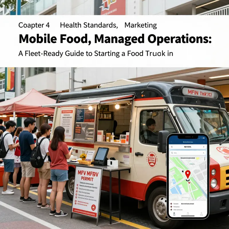 Illustration of regulatory licensing steps for starting a Singapore food truck, including SFA inspection and MFV considerations.