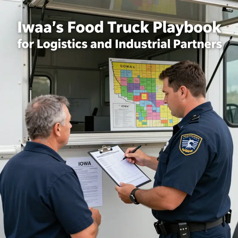 Chapter 1 image illustrating licensing and health compliance processes for Iowa mobile food units in a commissary setting.