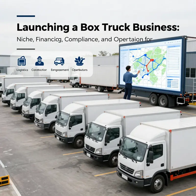 Chapter 1 imagery illustrating market research and niche identification for a box truck startup targeting key sectors.