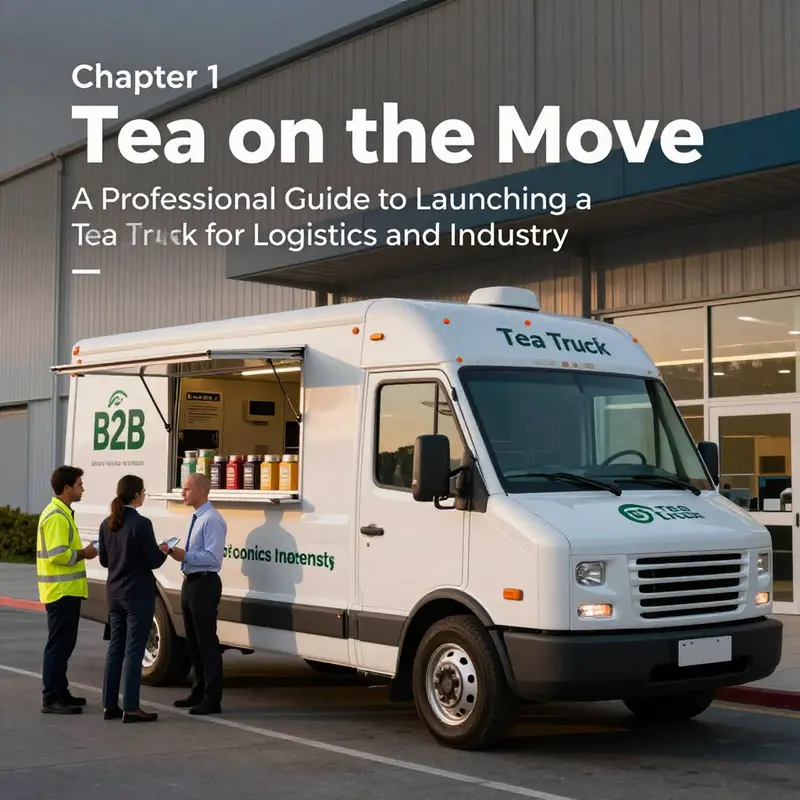 A B2B-focused tea truck showcases premium branding and efficient service near an industrial facility.