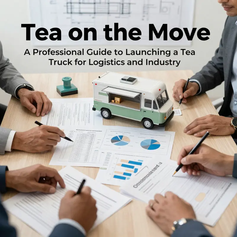 A B2B-focused tea truck showcases premium branding and efficient service near an industrial facility.