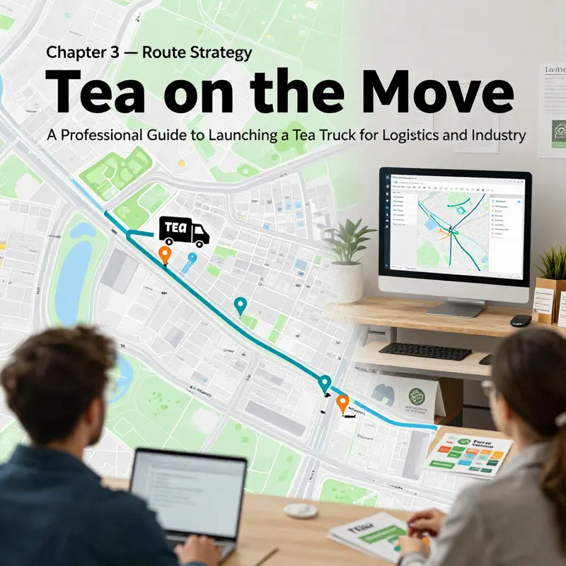 A B2B-focused tea truck showcases premium branding and efficient service near an industrial facility.