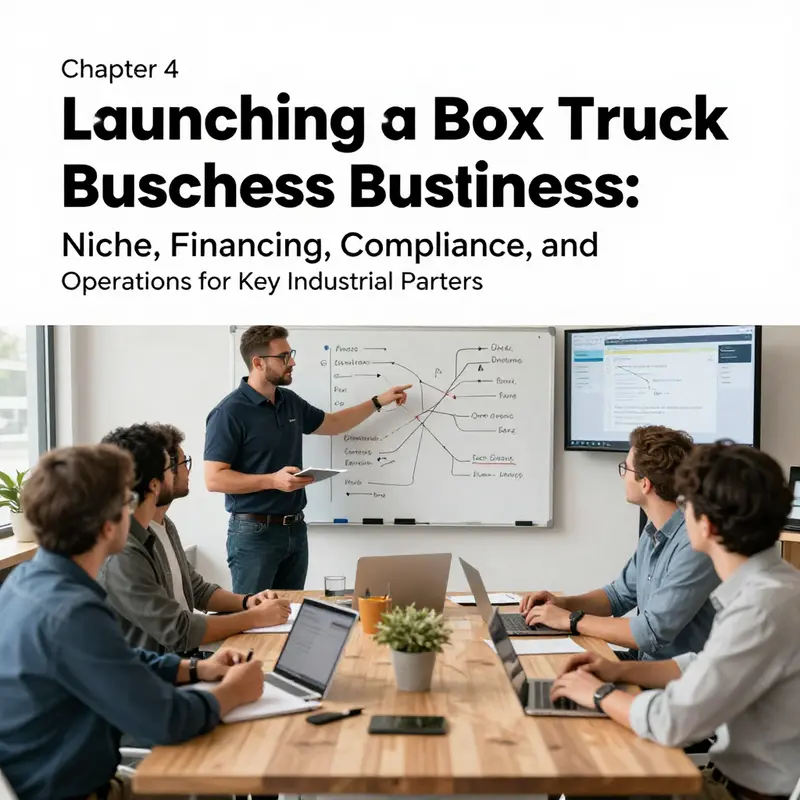 Chapter 1 imagery illustrating market research and niche identification for a box truck startup targeting key sectors.