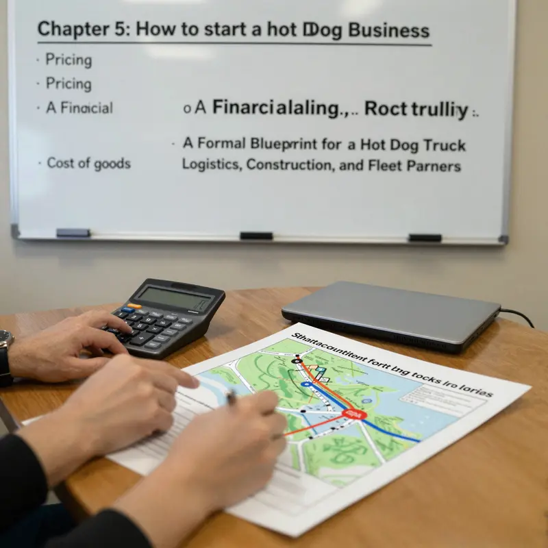 Chapter 1 image illustrating market research and strategic planning for a hot dog truck targeting logistics and construction environments.