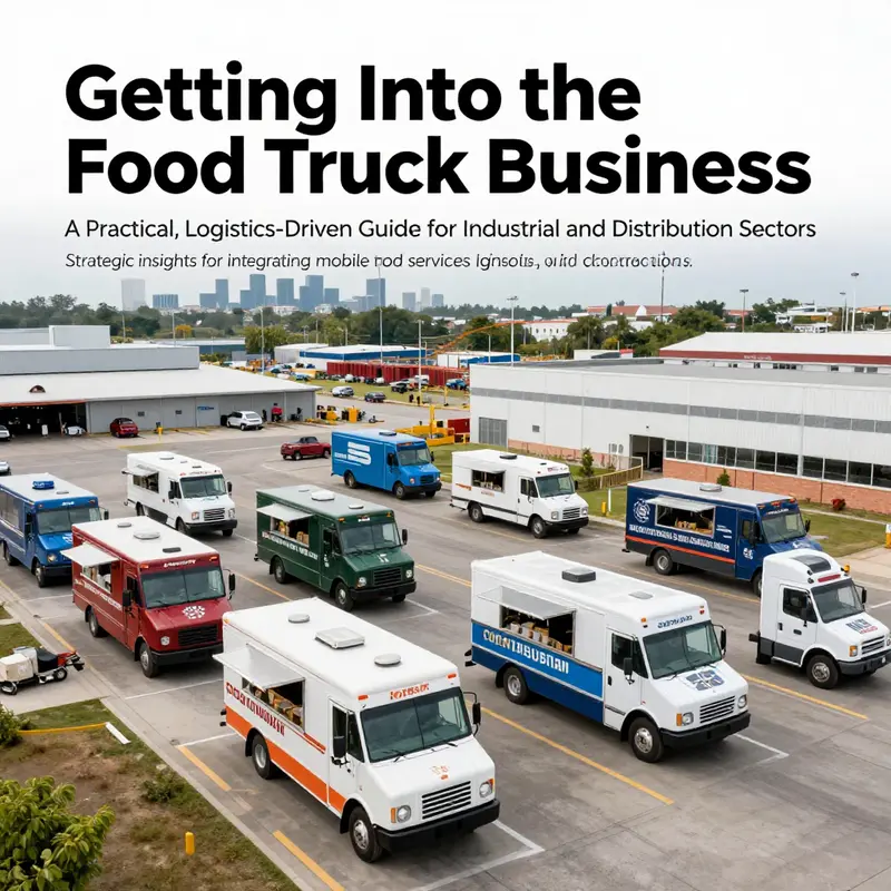 A fleet of branded food trucks at a logistics hub near a construction site, with city skyline in the background.