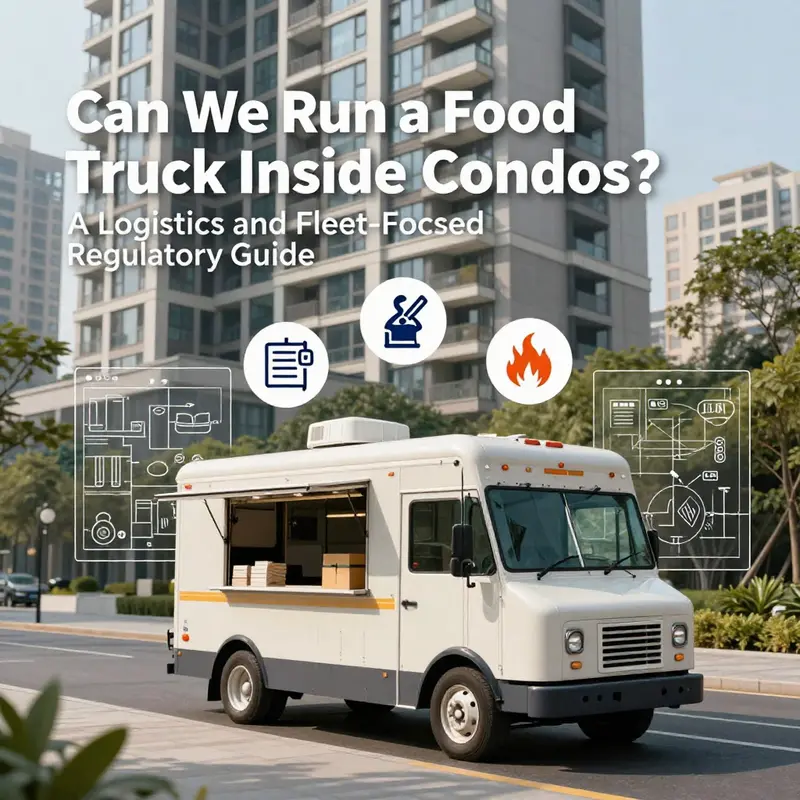 Food truck beside a condo building with regulatory icons illustrating compliance themes.