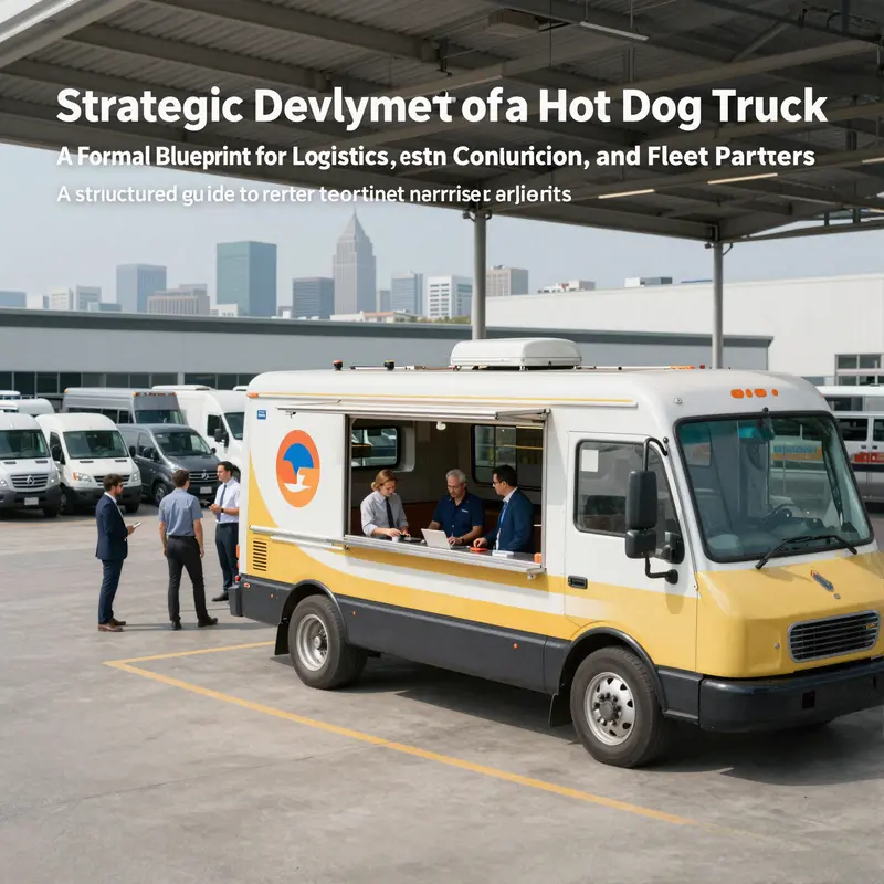 Photo-realistic cover showing a branded hot dog truck operating near a logistics hub with fleet vehicles.