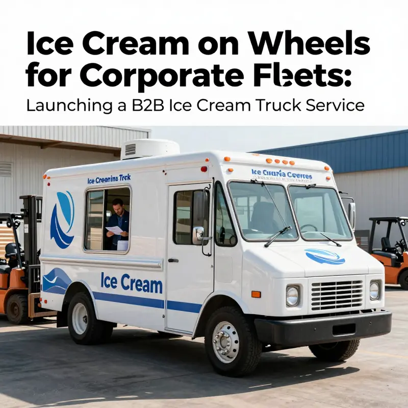 A photo-realistic image of a branded ice cream truck at a logistics facility with fleet managers reviewing a contract.