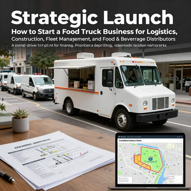 Professional cover image showing a food truck in an industrial setting with planning documents and a service map.