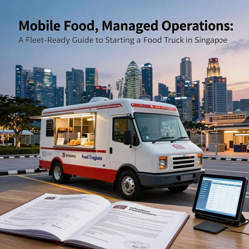 Food truck in Singapore near a corporate site, with regulatory documents and fleet data visuals