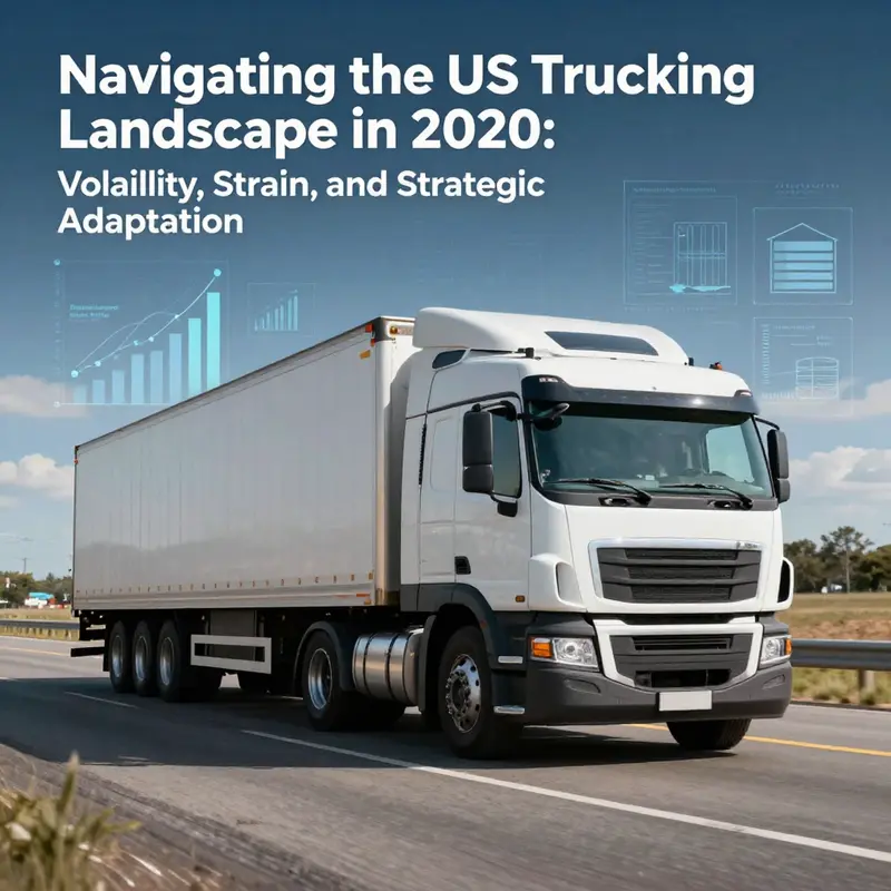 A photo-realistic image of a long-haul truck on a highway with digital overlays representing market volatility and consolidation in 2020.