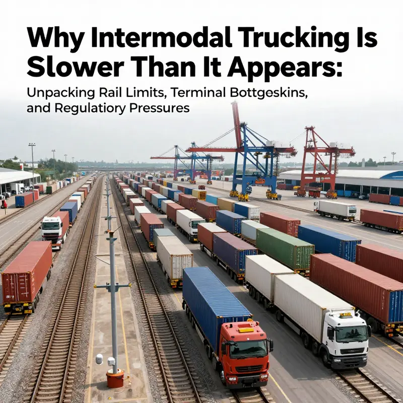 Cover image of an intermodal hub with rail, trucks, and containers to reflect the article's theme.