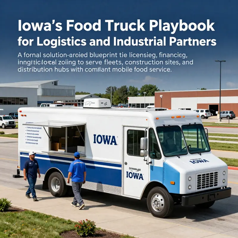 A branded food truck in a corporate park setting, prepared to serve logistics and construction sectors in Iowa.