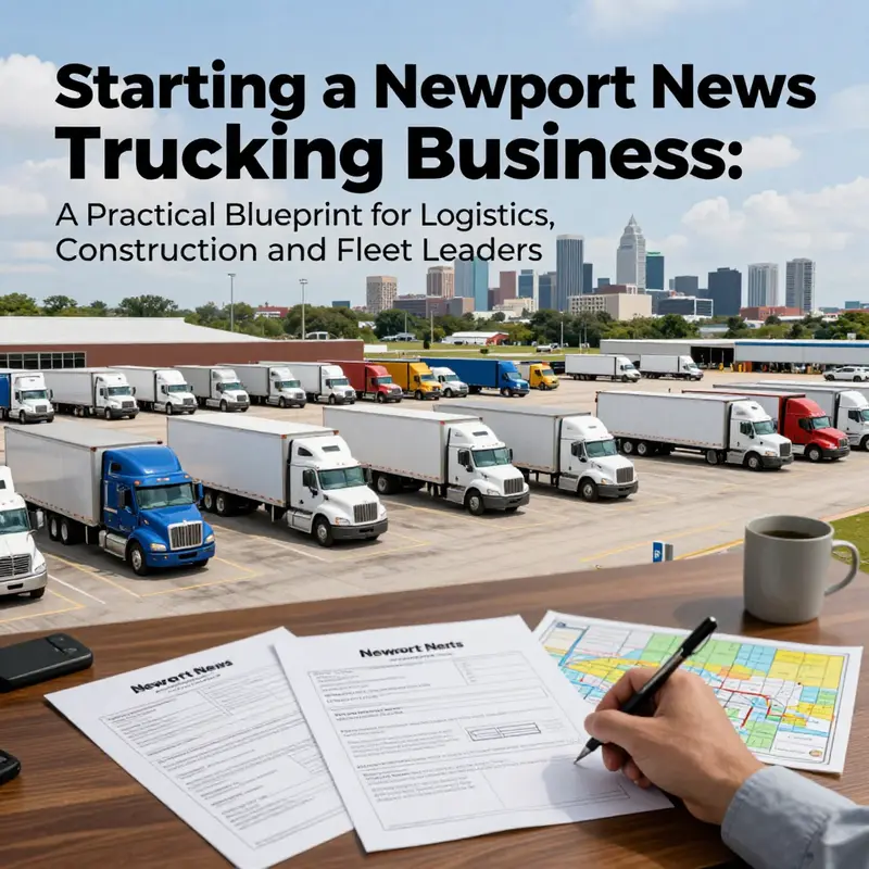 Port and planning desk scene representing starting a trucking business in Newport News.