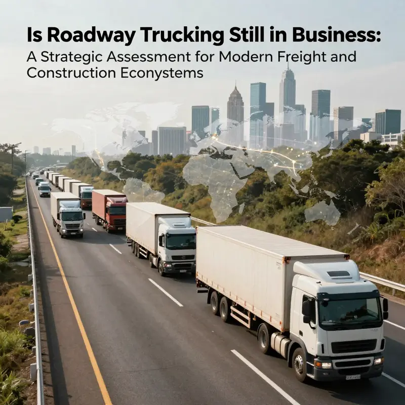 A vivid highway scene with multiple trucks and an overlay of world trade routes, illustrating the importance of road freight.